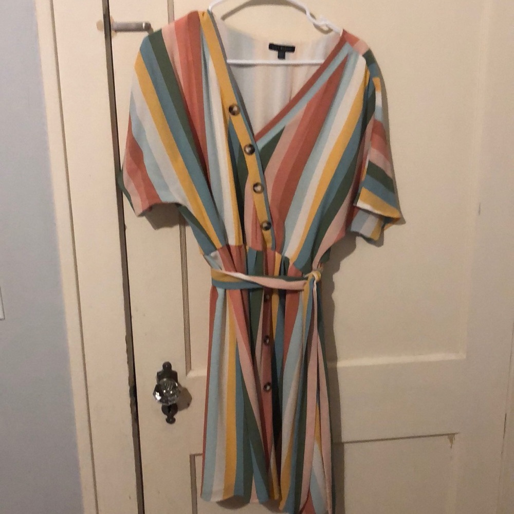 Multi colored striped button front dress
